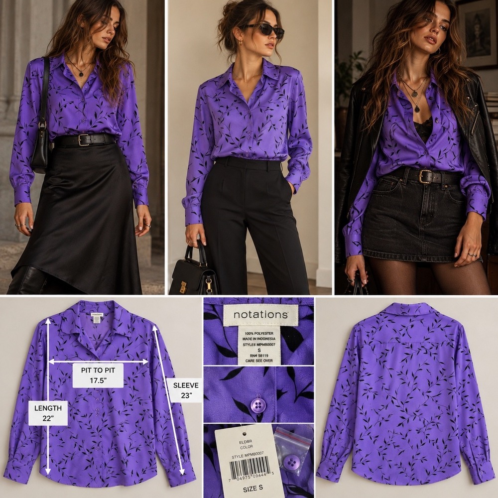 Vintage 90s Purple Black Blouse Office Siren Botanical Button Down Shirt S